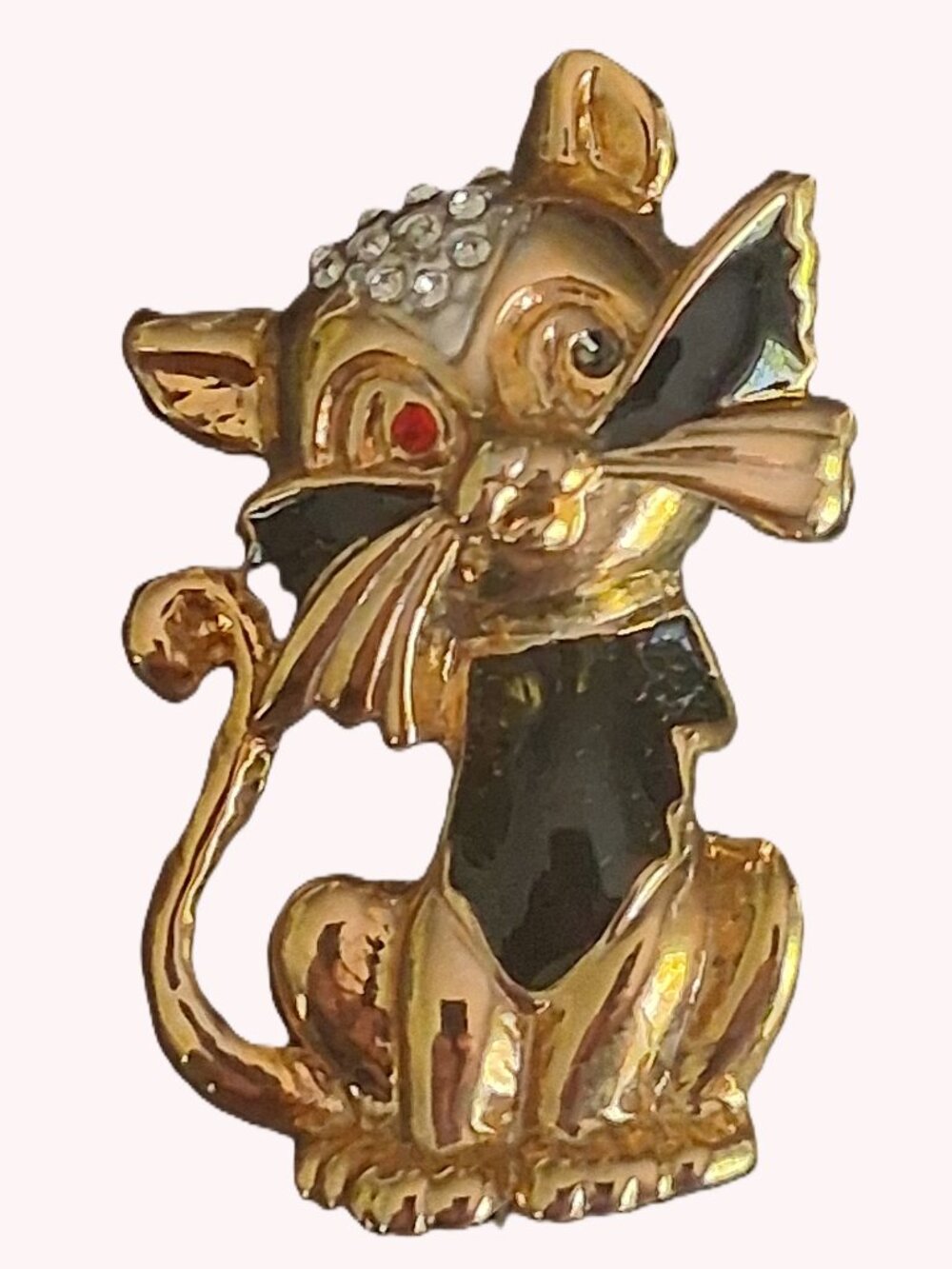 VTG Enamel Cat Brooch Gold Tone Rhinestone Pavé Head Pin